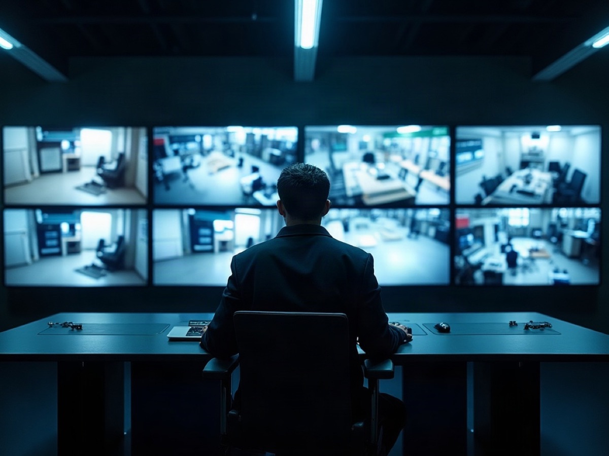 Security control room with a console and an operator seen from behind