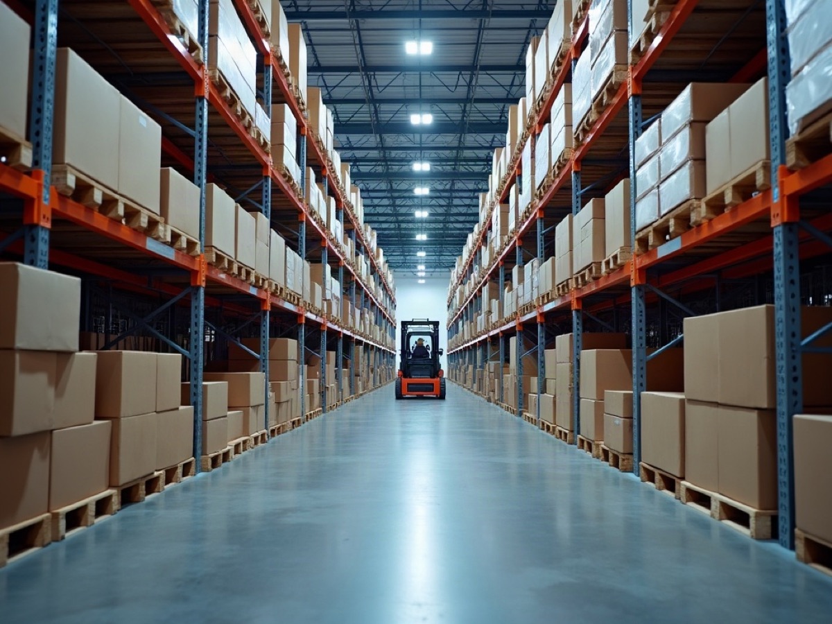 Wholesale warehouse aisle with pallet racking and plain cartons