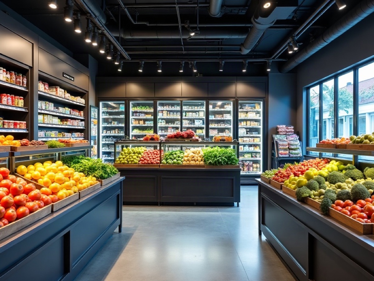 Grocery retail interior with produce tables and refrigerated cases
