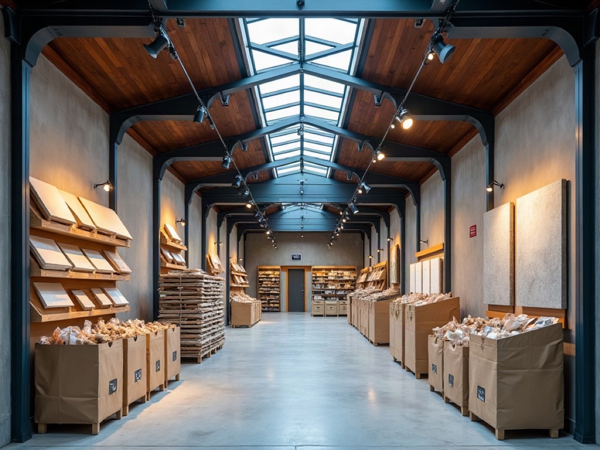 Building-materials retail hall with timber, tile samples, and bagged goods